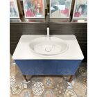 Abverkauf Ausstellungss. Badmöbelset SUITE, inkl. Halbeinbau-WT Skin, Waschtischpl. Solid weiß ma., Waschtischunterschr. mit 1 Auszug & 1 int. Schubl., inkl. Matte & Einteilung, Korpus & Front: Lacc. Luc. Blu Marino, Holzfußge. Frass. Miele, 890x485x516mm