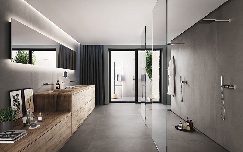 XXL-Fliesen in Betonoptik verlegt in einem Badezimmer