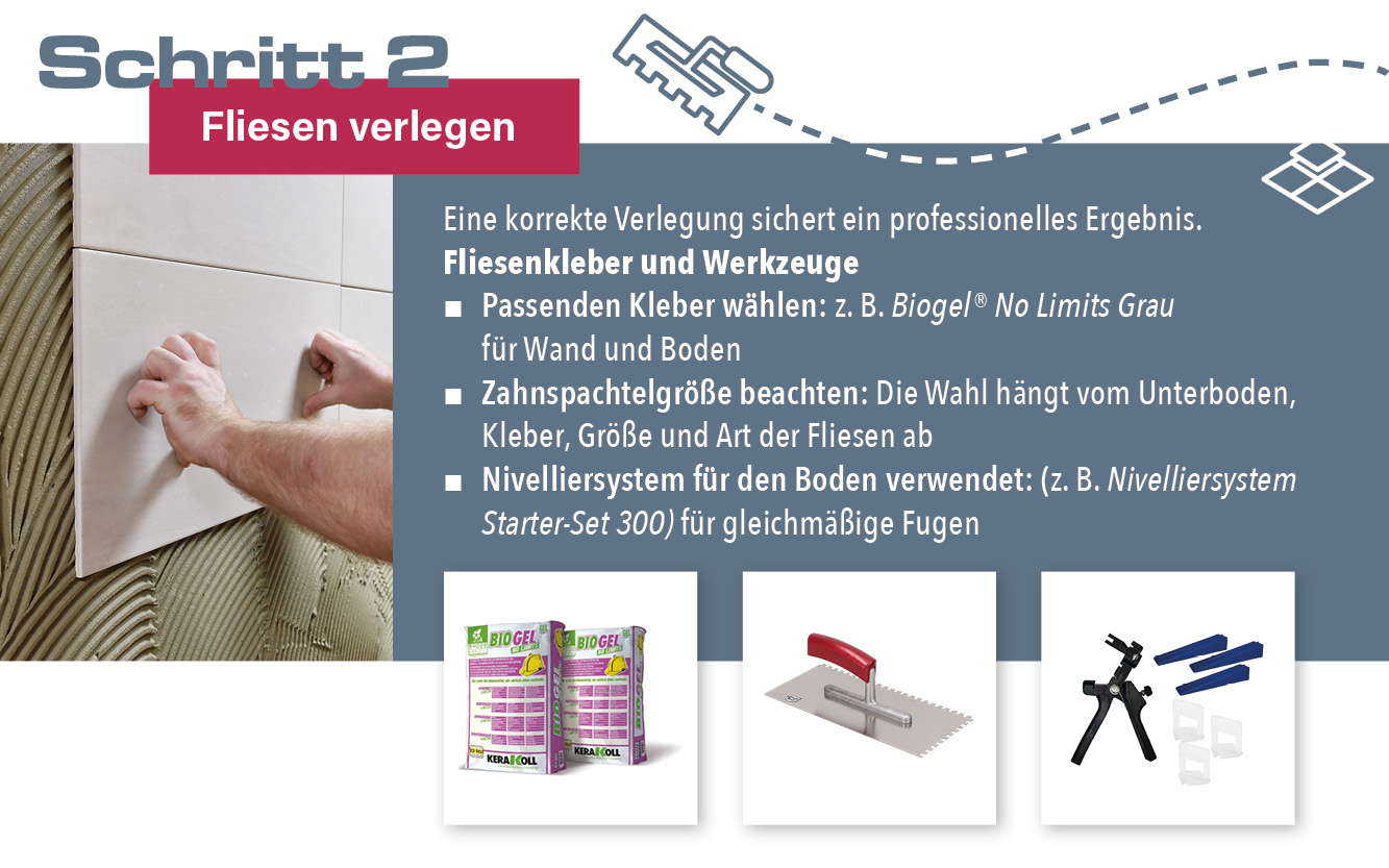 Fliesen verlegen: Kleber auftragen und Fliesen mit Zahnschaufelbett verlegen