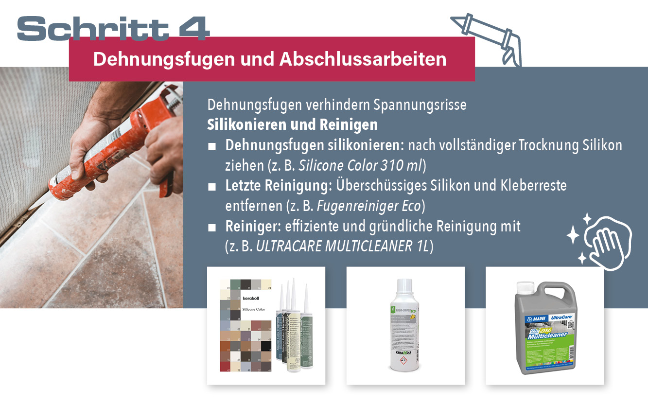 Dehnungsfugen silikonisieren und Fliesenreinigung abschließen