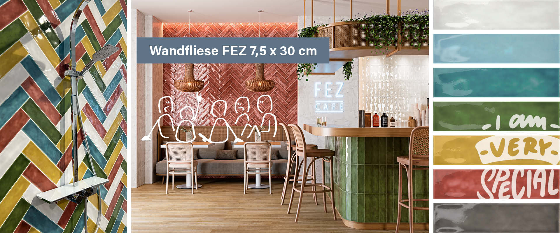 Dusche mit bunten, im Fischgrätmuster verlegten Fliesen der Serie FEZ in 7,5 x 30 cm. Im Hintergrund ein stilvolles Café mit roten Wandfliesen und grünen Thekenfliesen aus derselben Serie. Rechts sieben Farbvarianten im Detail der FEZ Fliese.
