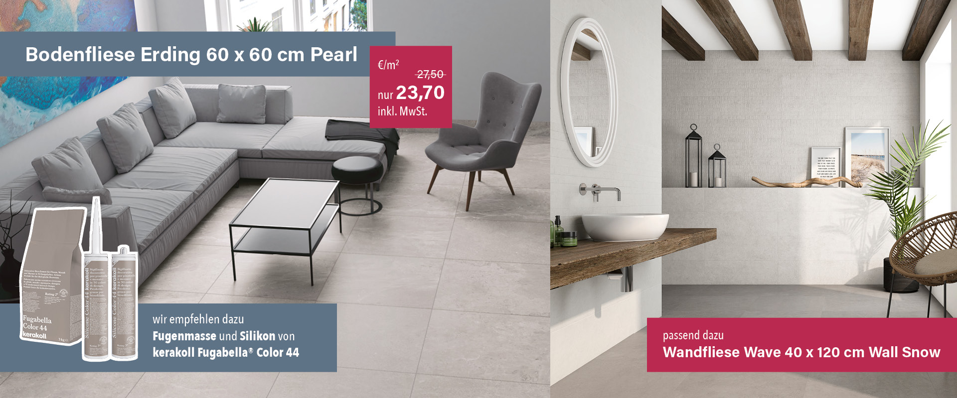 Wohnzimmer mit grauer Couch und hellem Bodenfliesen in 60 x 60 cm Fliesen, Modell Erding Pearl. Daneben modernes Badezimmer mit weißen Sanitäranlagen und glänzenden Wandfliesen, Modell Wave 40 x 120 cm Wall Snow