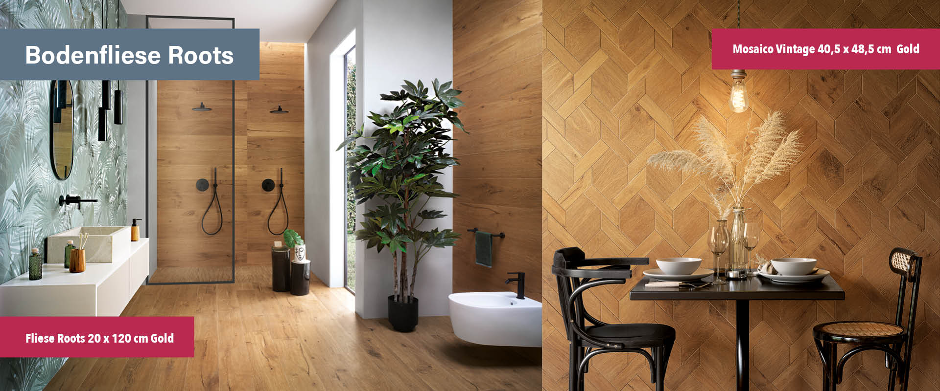 Stilvoll eingerichtetes Bad und Essbereich mit Holzoptik-Fliesen Roots in Gold 20 × 120 cm auf dem Boden und Mosaico Vintage-Fliesen 40,5 × 48,5 cm an der Wand modernes Ambiente mit natürlichen Akzenten
