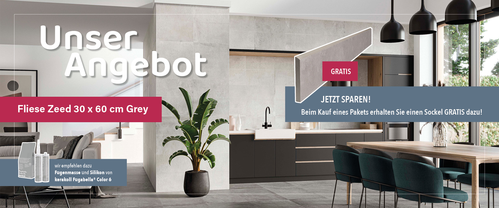 Angebot im Online-Shop: Fliese Zeed 30 x 60 cm Grey – beim Kauf eines Pakets erhalten Sie einen Sockel gratis dazu. Abgebildet ist eine moderne Küche mit grauen Wand- und Bodenfliesen.